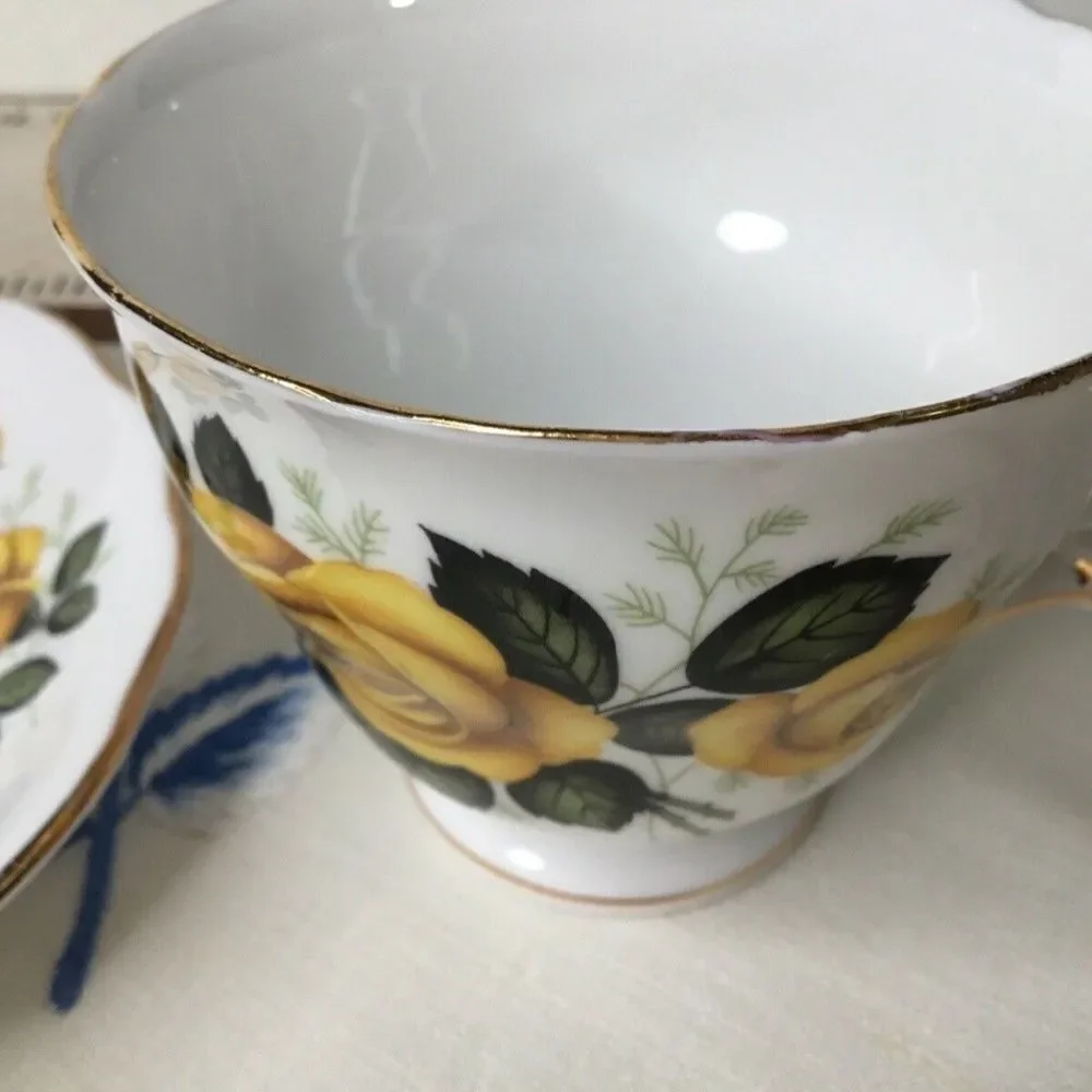Royal Vale Yellow/Green Rose Tea Cup & Saucer‎ Set Bone China England